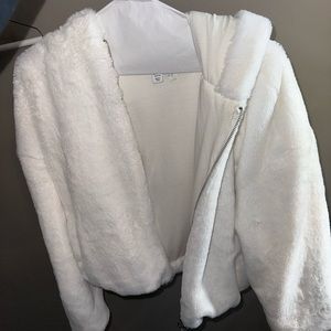 Forever 21 white fuzzy zip up jacket with hood. Worn twice. Dry cleaned.